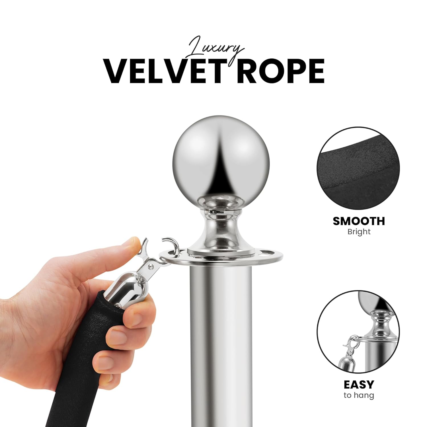 Postes Separadores de Acero Inoxidable 2 Piezas, 90 cm de Altura, Plateados con Cuerda de Terciopelo Negro de 1,5 m - Imagen 4