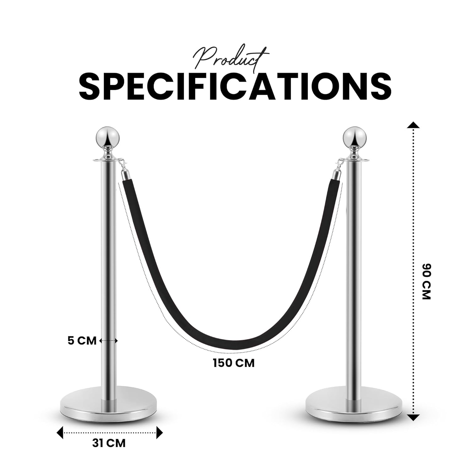 Postes Separadores de Acero Inoxidable 2 Piezas, 90 cm de Altura, Plateados con Cuerda de Terciopelo Negro de 1,5 m - Imagen 3