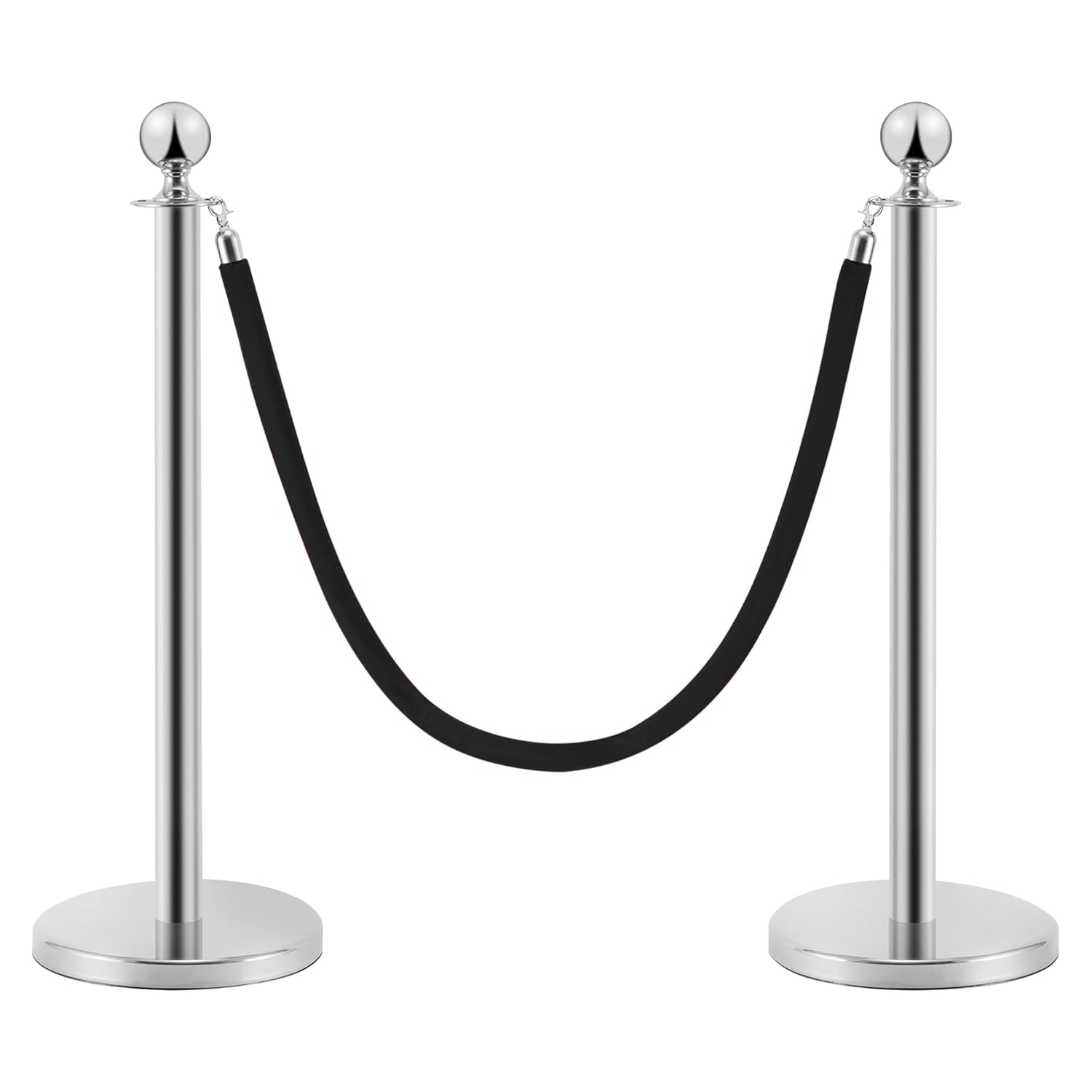 Postes Separadores de Acero Inoxidable 2 Piezas, 90 cm de Altura, Plateados con Cuerda de Terciopelo Negro de 1,5 m
