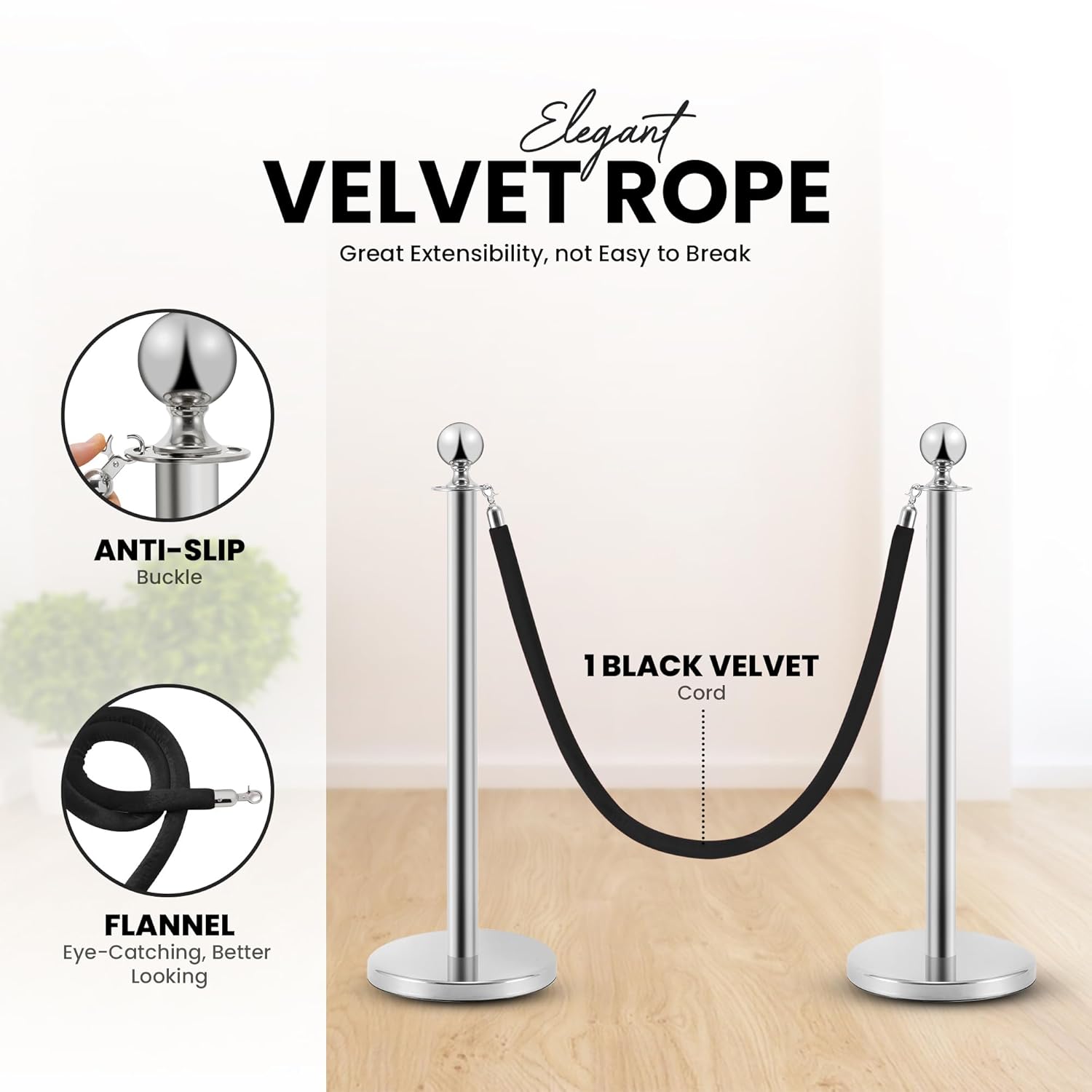Postes Separadores de Acero Inoxidable 2 Piezas, 90 cm de Altura, Plateados con Cuerda de Terciopelo Negro de 1,5 m - Imagen 2